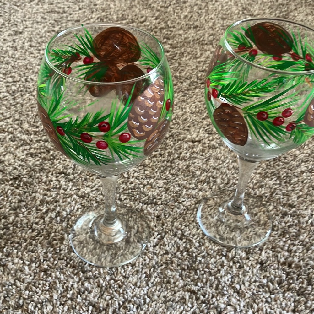 6 long stem hand painted pine cones and berries wine Glasses